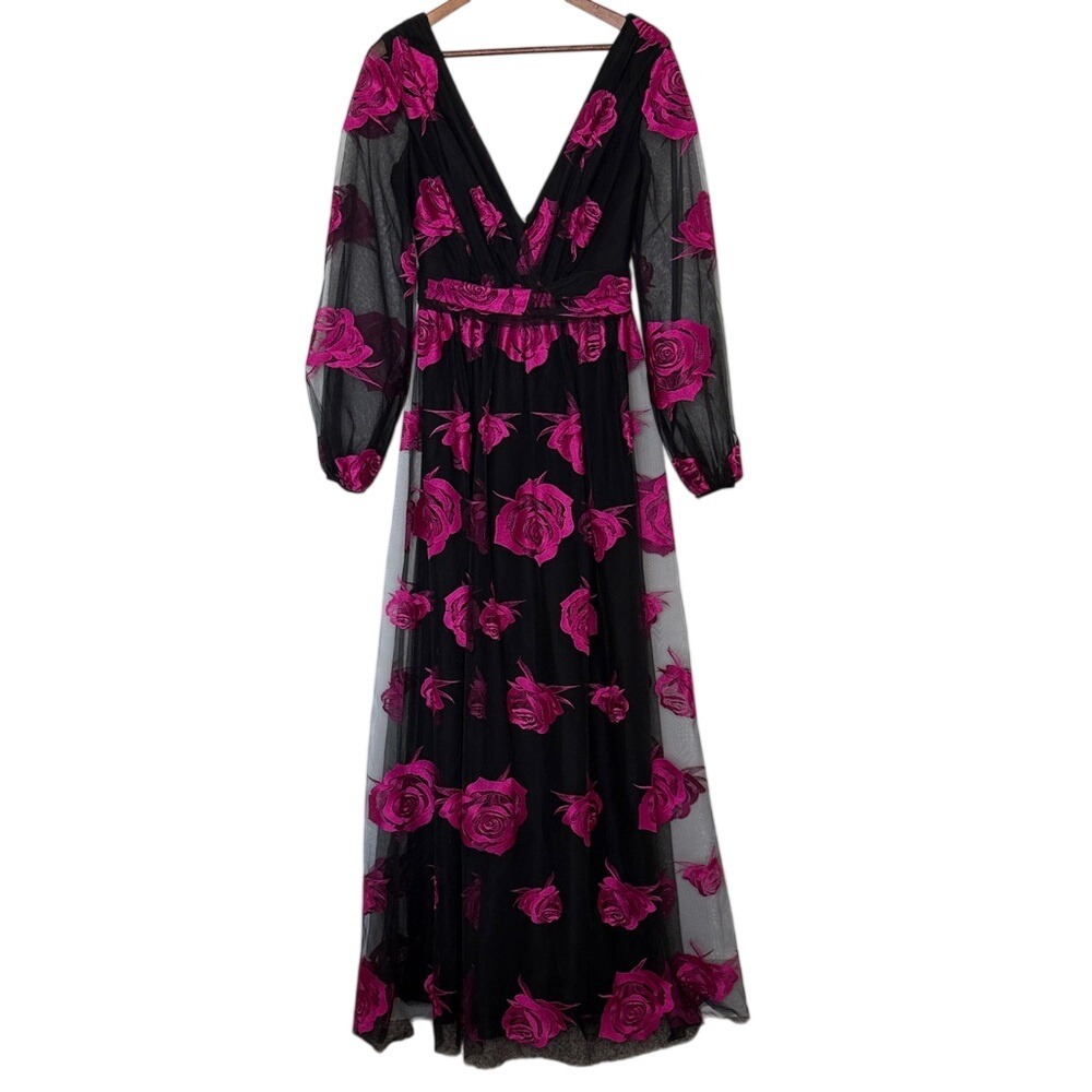 ML Monique Lhuillier Black Pink Embroidered Floral Tulle Maxi Dress 4 NWOT